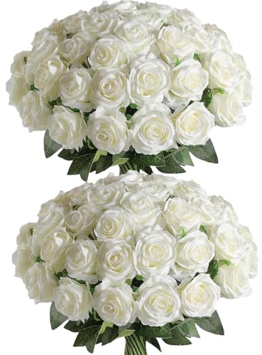 Veryhome 36Pcs Artificial Roses Realistic Fake Flowers Bulk Long Stem Silk Faux Roses Bouquet for Wedding DIY Home Decor Bridal Table Centerpieces Party Arrangements Gifts(White)