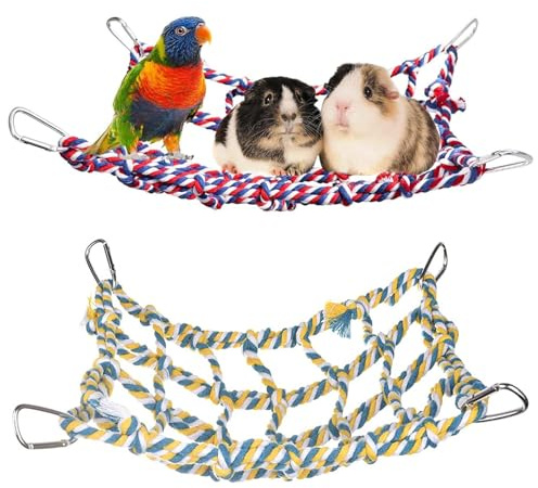 Bebochoi 2 Pezzi Rete di Corda Colorata per Uccelli, Amaca per Piccoli Animali Giocattoli, Giocattolo da Arrampicata per Ratti Rete di Corda da Arrampicata per Piccoli Animali con 4 Ganci - 35 × 25 cm