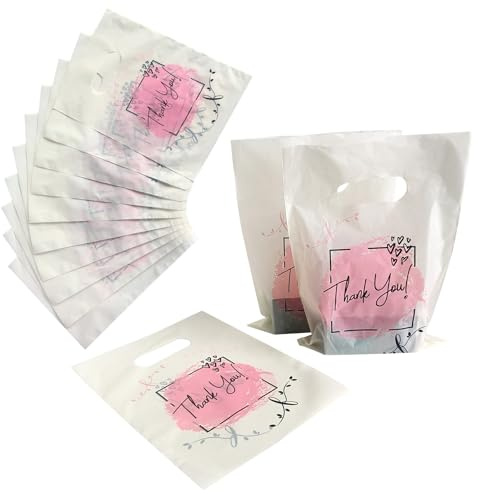 Qaixwuyi 100 Piezas mini Bolsas Regalo Plástico con Asa Bolsa Regalo Agradecimiento Bolsas Mercancía Rectangulares Bolsa Plástico Impresa 15 × 20 cm para Envolver Regalos Festivales Compras