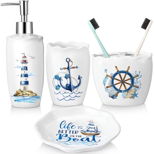 Newtay 4 Pcs Nautical Bathroom Accessories Set, Ceramic Coastal Decor