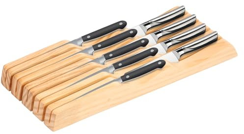 Porte-couteaux tiroir 40 x 10,5 x 5 cm, bloc à couteaux tiroir pour 5 couteaux de rangement, bois naturel, porte-couteaux pour couteaux à steak, couteau à pain, couteau de chef, couteau en céramique