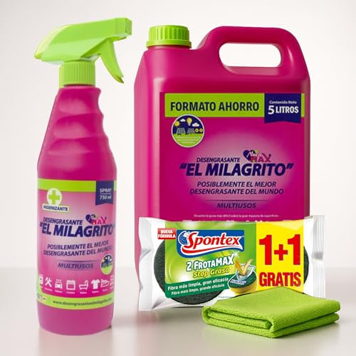 Pack Quitagrasas ElMilagrito 5 L + Quitagrasas 750ml + Bayeta Microfibra 30x40cm + 2 Esponjas Frota Max | Potente Desengrasante Multiusos para Cocina, Hornos, Microondas, Industrial y Más