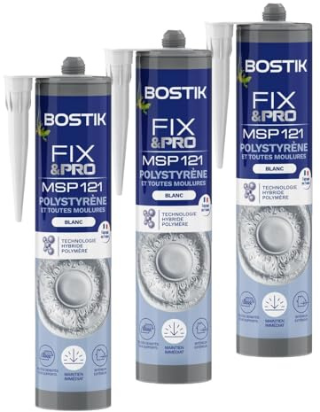Bostik FIXPRO – Mastic Colle Polystyrène et Toutes Moulures MSP 121 – Intérieur/Extérieur – Tous Supports – Mastic Hybride Polymère – Couleur : Blanc – 1 Cartouche 290 ml (Lot de 3)