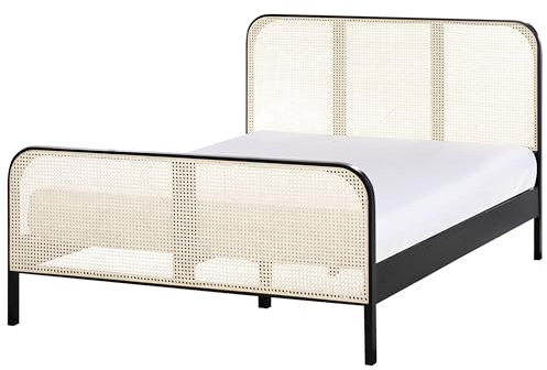 Beliani Bett Kiefernholz schwarz mit Wiener Geflecht Kopfteil 140 x 200 cm Gonfaron