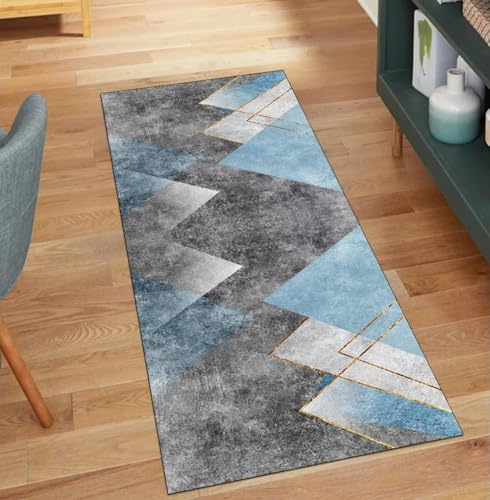 QQrunner Alfombra de pasillo lavable, antideslizante, color gris y azul, 90 x 250 cm, por metros, moderna, para cocina, pasillo, poliéster, salón, felpudo atrapa la suciedad