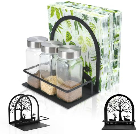 SITAKEGS Portatovaglioli, portatovaglioli con 3 pezzi di saliera e pepe di design a forma di albero e cervo, in metallo, colore nero, per cucina, sala da pranzo, ristorante