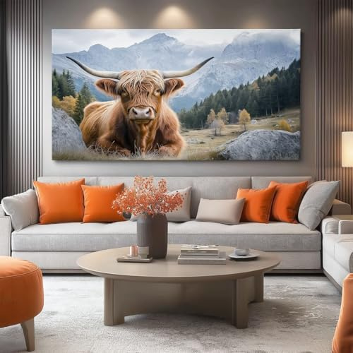Fotografie Grau Berge Leinwand Bilder Wanddeko Brauneses Hochlandrind, 150 x 50 cm Kunstdruck Wandbild auf Wanddekoration Canvas Bilder für die Wohnzimmer Schlafzimmer Wandbilder Wand Badezimmer