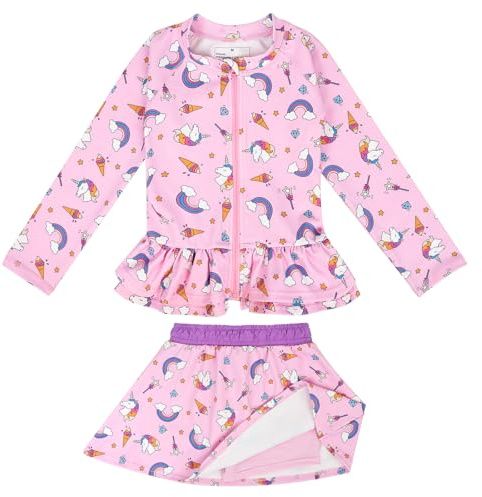FLYISH DIRECT Traje de Baño Niña, Conjunto de Natación UPF 50+ Manga Larga, Ropa de Baño Infantil de Secado Rápido, Bañador de 2 Piezas con Volantes y Falda para Niñas, Unicornio, L