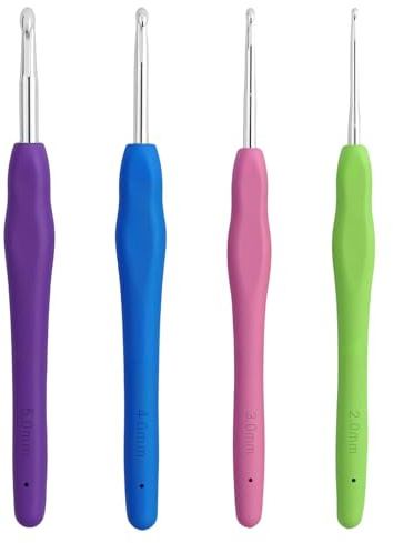 Juego de 4 agujas de ganchillo, 4 tamaños ergonómicos, agujas de ganchillo de metal multicolor con mango de gel de sílice suave, 14 cm, agujas de tejer extralargas para principiantes y amantes del