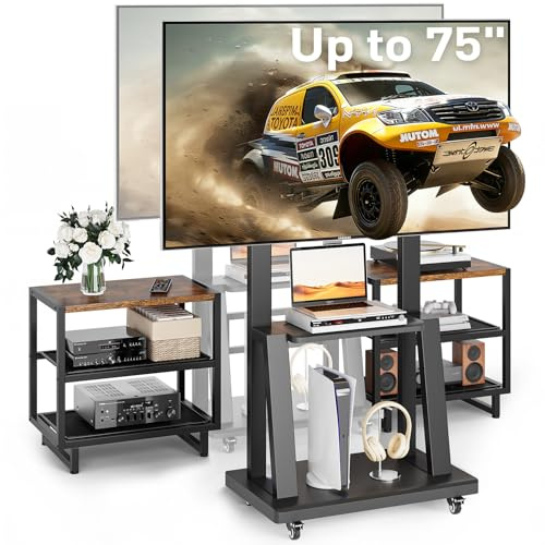 ikkle TV Ständer Rollbar für 32-75 Zoll Fernseher, max Last 54 kg, 13-Stufig TV Standfuss höhenverstellbar mit Ablage und Stauraum, max VESA 600x400, Wagen Fernsehständer mit Rollen, Schwarz