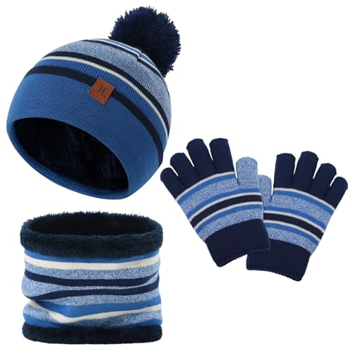 LACOFIA Set di 3 cappelli invernali caldi per bambini, sciarpa e guanti, con pon pon, cappelli a maglia, scaldacollo in pile termico, accessori per esterni, per bambini e bambine, 2-7 anni, Blu, 2-7