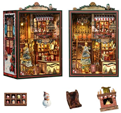 Christmas Book Nook Kit – DIY Miniatur Puppenhaus 3D Holzpuzzle Buchecke Bücherregal Dekor mit Spieluhr LED-Licht Weihnachtsgeschenke für Erwachsene Teenager