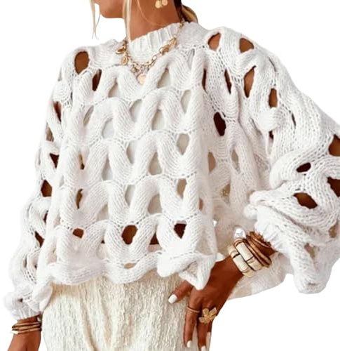Yimoon Women's Crochet Sweater Hollow Out Oversized Sweater(White-S) | Long Sleeve, Crew Neck, Loose Chunky Sweater, Pullover Jmper Top, Beach Cover Up