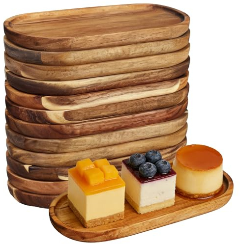 HFZCV 12 Stück Holztablett Akazienholz, Holztablett Oval 25×12,5 cm, Holz Servierplatten für Käse Dessert Snacks Brot Obst Vorspeisen, Rustikale Servierteller aus Massivholz