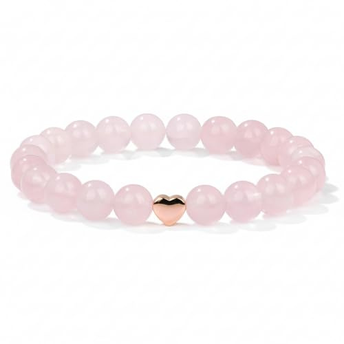 Netuza - Pulsera de Cuarzo Rosa con Dije Corazón de Hematite, Piedras Naturales para el Amor y Protección, Regalo para Mujer (8mm)