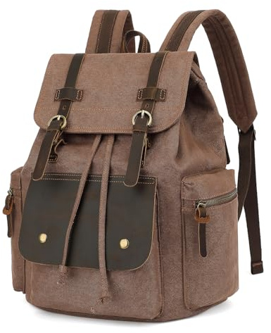 koolehaoda Vintage Canvas Ryggsäck Läder Ryggsäck Unisex Casual Ryggsäck Passar 15,6 Laptop Ryggsäck Vandringsväska (S Kaffe)