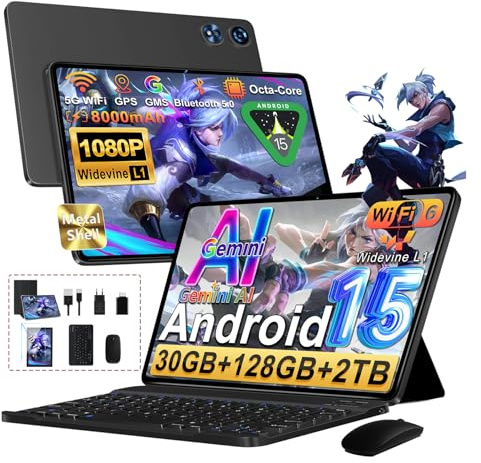 Tablette 10 Pouces Android15 128Go ROM (2To/TF), Gemini AI, Octa-Core2.0GHz, Veille Extra Longue, 5G WiFi, Widevine L1, 1280*800 FHD IPS, 5MP+8MP, Face ID, Bluetooth 5.0, Tablette avec clavier - Noir