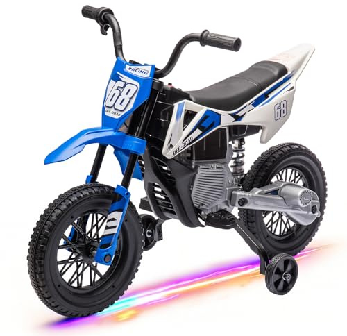 HAUSPROFI Elektro Kindermotorrad mit Bluetooth, Elektromotorrad mit 2 Stützrädern, Kinder Motorrad Elektrisch mit Musik, Elektromotorrad für Kinder 3–6 Jahre, 3-5 km/h, Blau