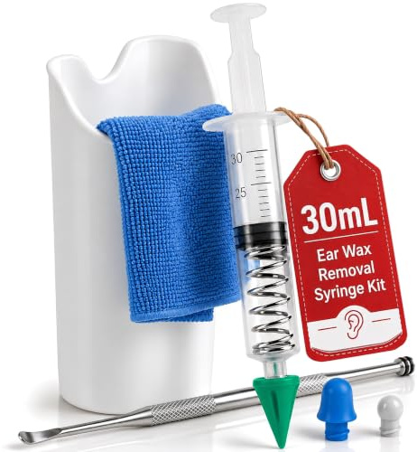 Ear Irrigation Syringe with Flushing Basin: Spring-Powered Self-Refilling 30mL Water Ears Cleaner Syringe with 3 Silicone Tips for 360° Cleaning, Ears Irrigation Kit, Ear Wax Removal Kit for Adults