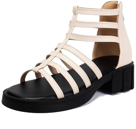 Sandales Plateforme Gladiateur Gros Talon Bloc à Courroies Bout Rond Plateforme Sandales d'Été Décontractées Chaussures Romaines Marche en Ville et Voyage de Vacances,Beige,44 EU