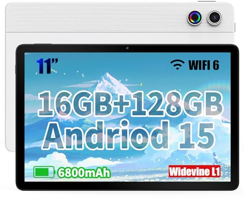 Tablet Android 15 11 Pollici, 16GB RAM + 128GB ROM Espandibile fino a 1TB, Batteria 6800mAh, Display HD IPS 1280×800, WiFi 6, Bluetooth 5.3, Octa-Core, Fotocamera Doppia 5MP+8MP, Widevine L1, Bianco