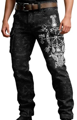 Jean pour homme - Coupe ajustée - Rétro - Imprimé Viking - Pantalon cargo avec plusieurs poches - Pantalon tactique de sport en plein air - Jean skinny déchiré - Jean stretch - Pantalon hip hop en