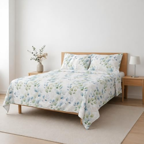 Etrexonline Juego de Sábanas 4 Piezas Cama 150 cm - Microfibra Ultra Suave Incluye 1 Bajera Ajustable 150x200+30 cm, 1 Encimera 230x270 cm, y 2 Fundas de Almohadas 50x75 cm - Color Hojas Eucalipto