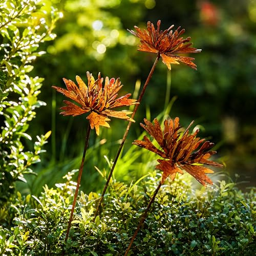 3 er Rostige GartendekoSet Rost Deko für Garten Cortenstahl Gartenstecker Metall Blume Mohn Gartendeko Vintage Rost Rankstab Beetstecker Topfstecker Naturrost (A)