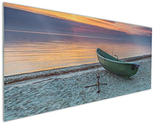 Wallario Küchenrückwand aus Glas 125 x 50 cm, Motiv: Einsames Fischerboot mit Anker am Strand | Spritzschutz abwischbar & pflegeleicht