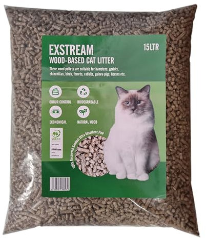 Exstream Cat Litter Wood Pellets Absorbent Pine Hygiene Odour Control 60/30/15/10 Litres (15 Litre Bag)