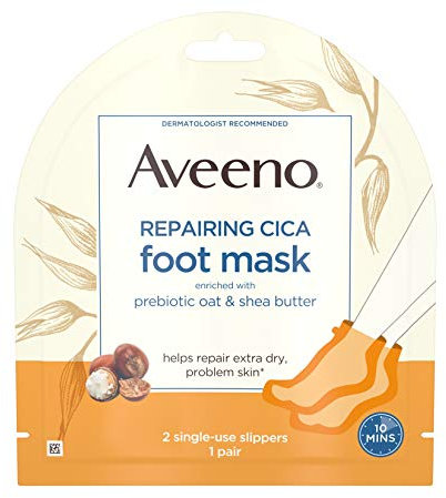 Aveeno Repairing CICA Foot Mask with Prebiotic Oat and Shea Butter, Moisturizing Foot Mask for Extra Dry Skin, 1 Pair of Single-Use Slippers
