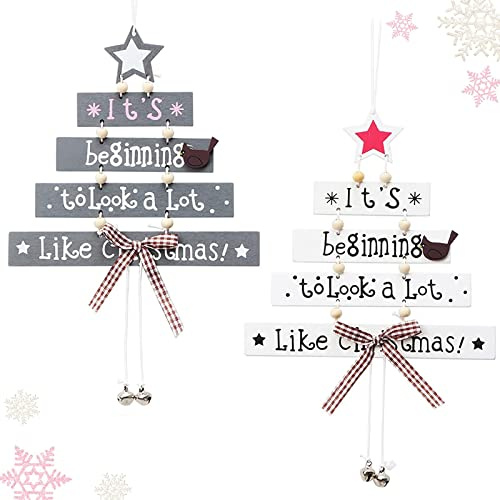 2Pcs Christmas Wood Tree Pendant Creative Wooden Crafts Christmas Decorations Window Door Kitchen Dress up Wooden Card Hanging - White, Grey
