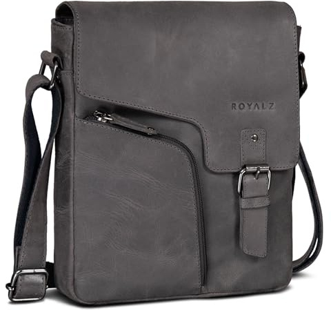 ROYALZ Denver vintage läderväska män liten män axelväska messengerväska herrhandväska axelväska för 10,1 tums surfplatta iPad, Maringrå, Medium
