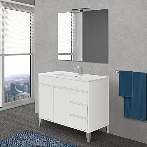 Inbagno Mobile Bagno a Terra 100 cm, Linea Way 3 cassetti + 2 Ante, Completo di lavabo e Specchio (Bianco Lucido)