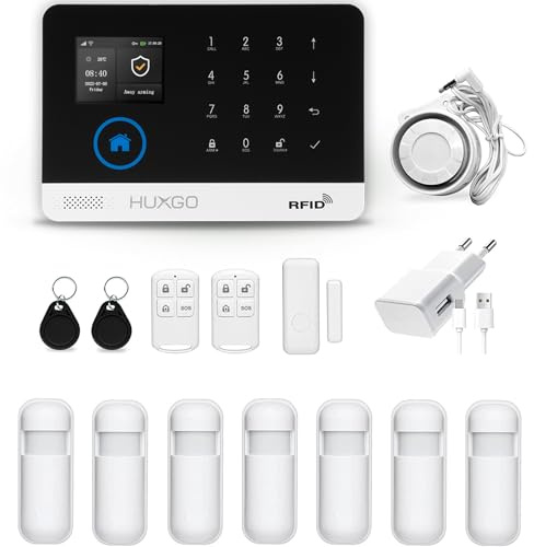 HUXGO HXA003 Funk Alarmanlage WiFi + GSM Modul mit 7 Bewegungssensoren - Alarmanlage Haus - Alarmanlage Wohnung - Alarmanlage Garage - Funk Bewegungsmelder mit Empfänger