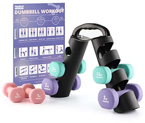 PhysKcal Women's Dumbbells Set of 6 with Portable Rack, 1 kg, 1.5 kg, 2 kg