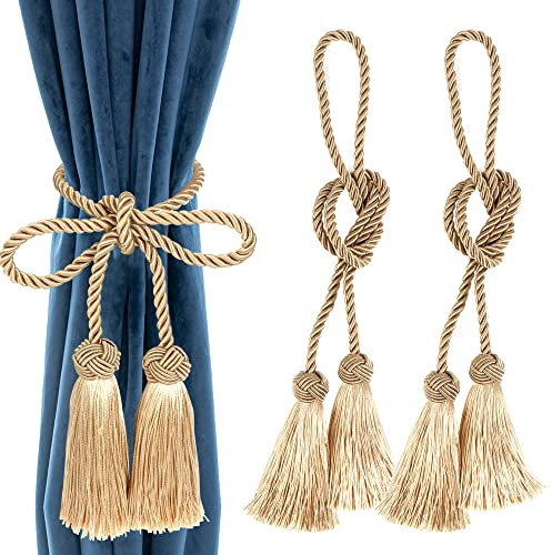 2 Pezzi Fermatenda in Corda Intrecciata a Mano, Boho Fermatende in Corda,Fermatende Decorative a Forma di Foglia,Fermatende in Corda Beige,Decorazioni per Finestre per Case, Uffici, Hotel (Oro)