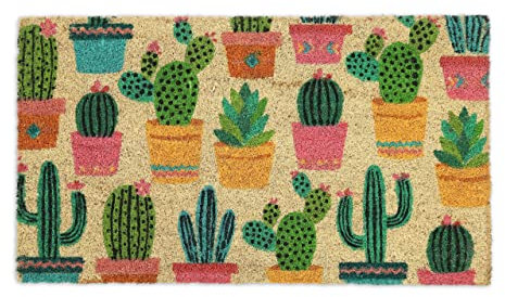 Relaxdays Fußmatte Kokos, Kaktus-Motiv, 75x42 cm, Türvorleger für innen & außen, rutschfest, Abtreter, wetterfest, bunt