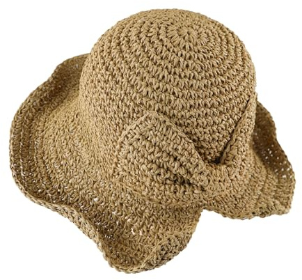 Andiker Women Straw Hat with Bow-Knot, Floppy Wide Brim Sun Hat Foldable Beach Hats UV Protection for Vacation Holiday Outdoor Beach (Khaki with Bowknot)