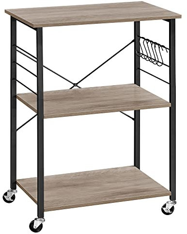 VASAGLE Kitchen Shelf on Wheels, Serving Trolley with 3 Shelves, Microwave Shelf, for Mini Oven, Toaster, with 6 Hooks, Industrial Style, Greige and Black KKS060B02