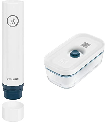 ZWILLING Fresh & Save Vakuumpumpe, handliches Vakuumgerät, Weiß-La Mer & Fresh & Save Vakuumbox, Größe S, Glas, La Mer