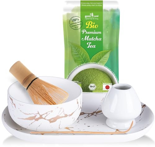 Goodwei BIO Matcha aus Japan im Matcha-Set komplett mit moderner Matcha Schale in edlem Marmor-Design, Matchabesen, Besenhalter und Serviertablett | Geschenkset für Teezeremonie (Weiß/Gold)