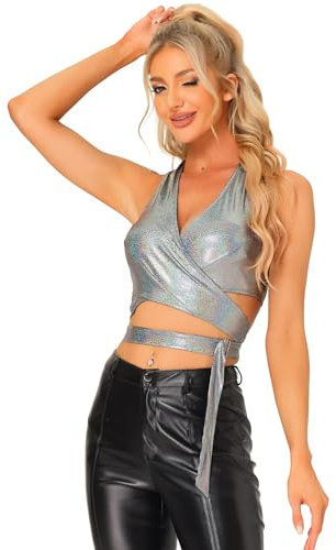 Allegra K Damen Crop Top V-Ausschnitt Metallic Neckholder Rückenfrei Holographic Oberteile Schwarz Silber M