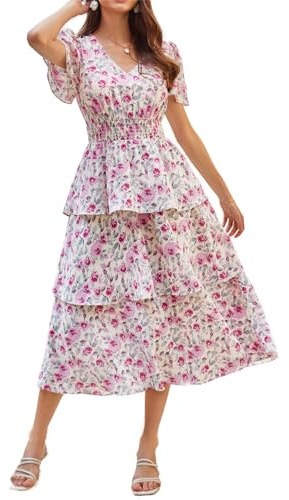 GRACE KARIN 2024 Robe d'été pour femme, col en V, manches courtes, motif floral, décontractée, robe maxi, élégante, coupe trapèze, pour plage, loisirs, vacances, mariage, Fleur rose., XL