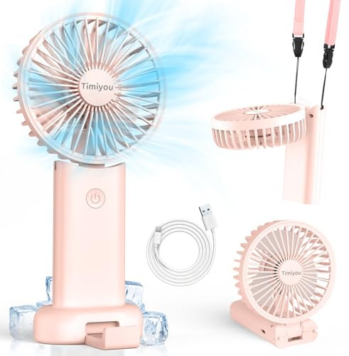 Timiyou Handventilator, Mini Ventilator für Unterwegs, Ventilator Klein mit Lanyard und Base, Handventilator Akku Aufladbar, Usb Ventilator für Outdoor Camping Büro Hause Reisen(Rosa)