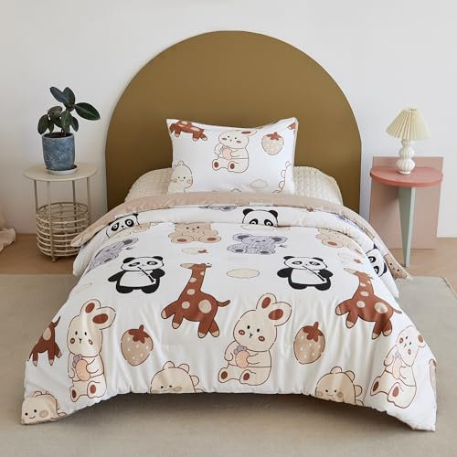 DXHOME Kinder-Bettdecke 100 x 135 cm Tiermotiven Cartoon Pattern 200 GSM Weiche Kuschelige Mikrofaser Decke Schlafdecke für Kind Baby bettdecke mit Kissenbezüge 80x80cm(Weiß)