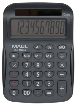 MAUL Solar Tischrechner grau ECO MJ 555 10-stellig LCD fürs Büro | angewinkelte Anzeige für bequemes Ablesen, handliches Format für jeden Schreibtisch, leicht zu reinigende Tasten
