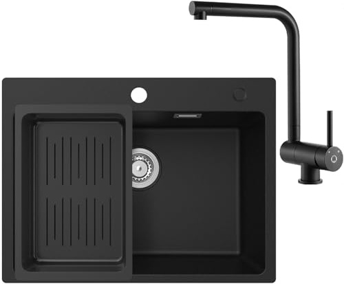 CECIPA Lavandino Cucina Nero in Granito 60 x 45cm con Rubinetto Pieghevole, Lavello Cucina 1 Vasca con Colino Cestello, Lavabo Cucina per Armadio da Cucina da 60cm, con Sifone Classico e troppopieno