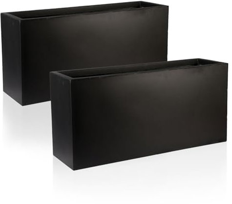 IDEALIST Set of 2 65cm Large Trough | Black Reinforced Stone Rectangle Plant Pot | Garden Planters with Drainage Holes L65 W19 H30 cm, 37 litres