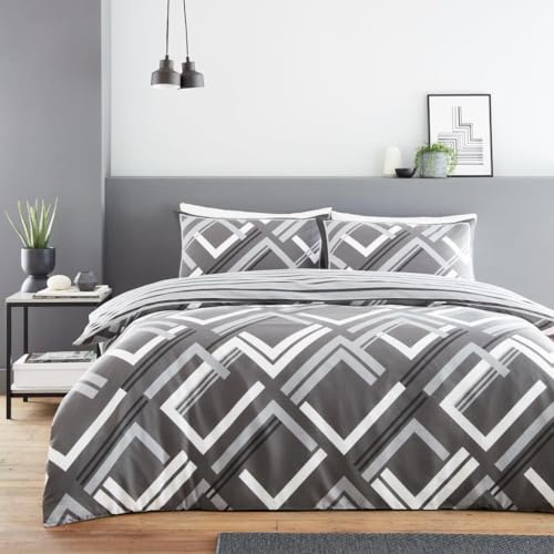 GC GAVENO CAVAILIA Single Duvet Cover Sets (150x200 cm) | Reversible Bedding & Linen Geometric Quilt Covers | Polycotton Single Bedding Sets | Washable Linen | Charcoal